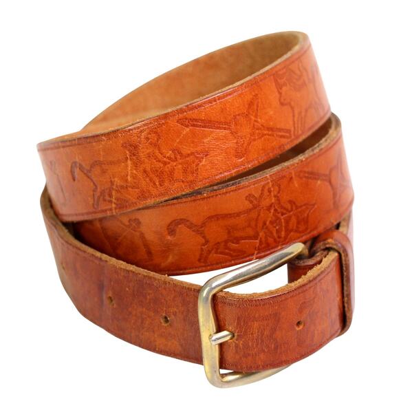 TOOLED TAN BROWN GENUINE LEATHER 7/8"Wd DRESS CASUAL WOMEN'S BELT Size S (R8 - Picture 3 of 14